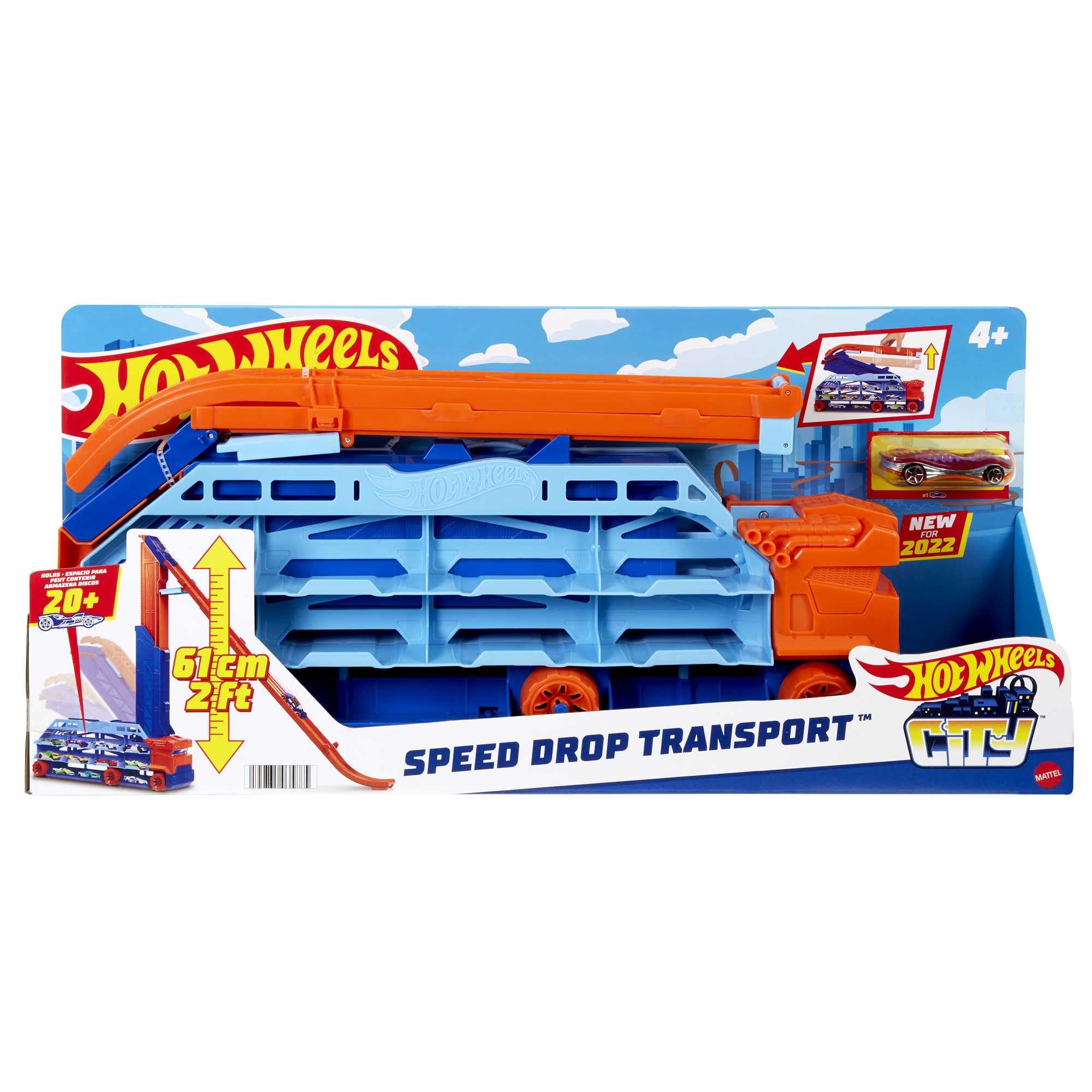 Hot Wheels City Speed Drop Transport Hauler, Includes 1 Hot Wheels Car, Can Hold More than 20 1:64 Scale Vehicles, Transforms into 2-Foot Tall Gravity Drop, Gift for Kids 4 Years & Older, HDY92