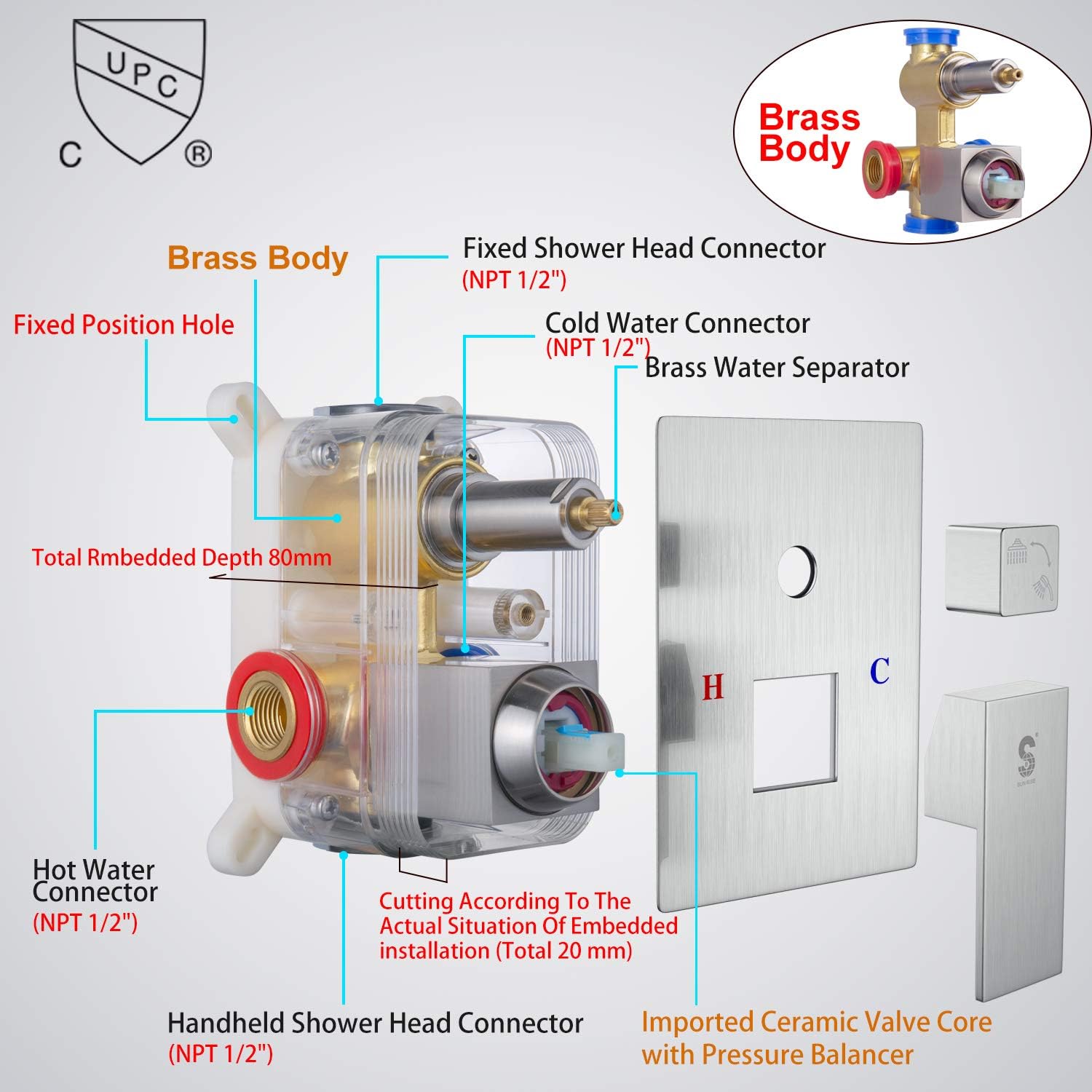 SR SUN RISE 12 Inches Bathroom Luxury Rain Mixer Shower Combo Set Wall Mounted Rainfall Shower Head System Brushed Nickel Finish Shower Faucet Rough-In Valve Body and Trim Included - - 