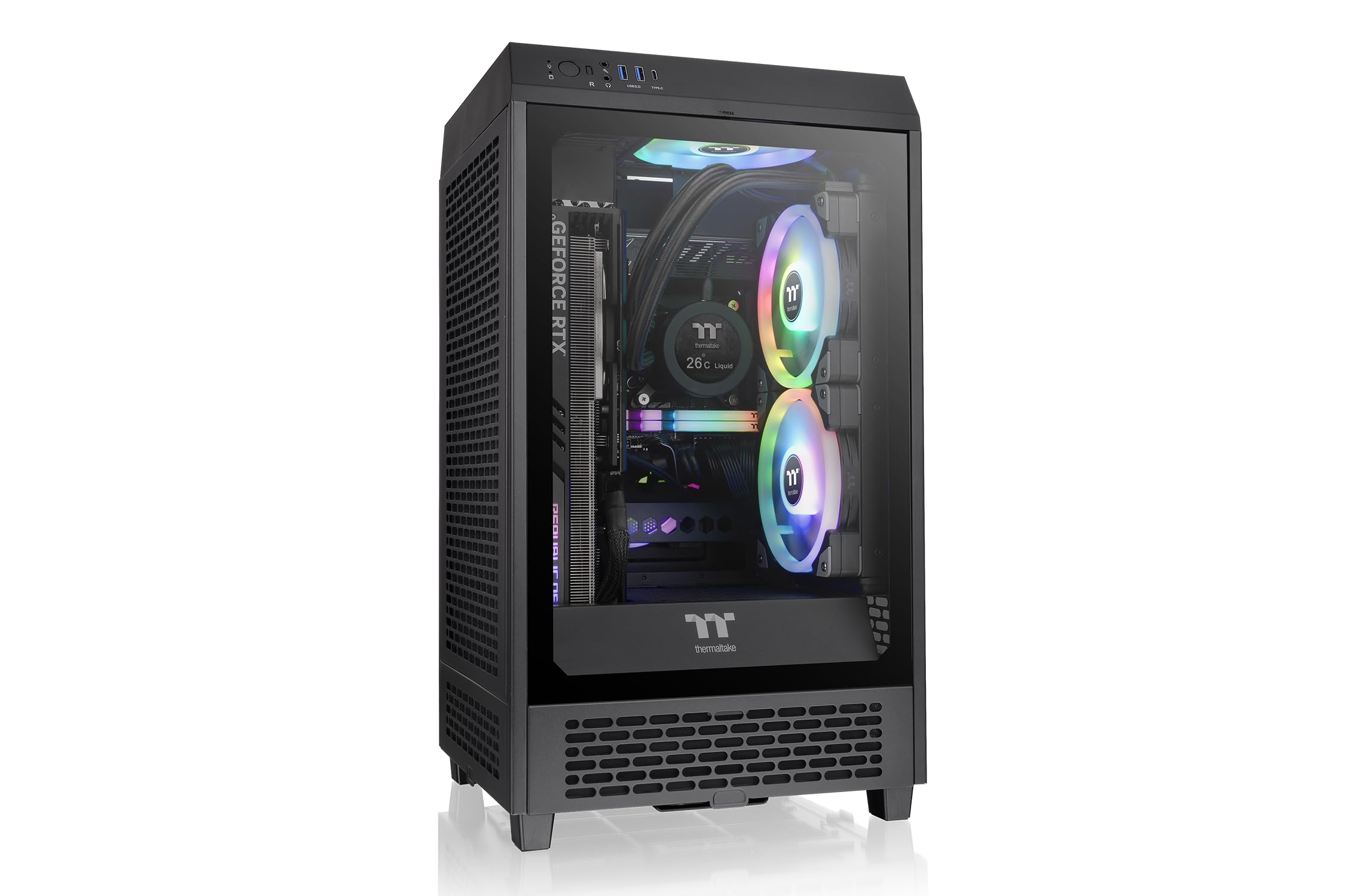 Thermaltake The Tower 200 Black | Mini-ITX Vertical Showcase | Tempered Glass | 2X CT140 vorinstalliert | 280mm AIO Support | GPU bis 380mm