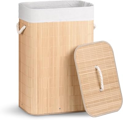 ® Cesto Portabiancheria Rettangolare in Bambù 72L, Cesto Pieghevole per Panni Sporchi con Coperchio, Manici e 2 Borse Rimovibili, per Bagno, Lavanderia e Camera da Letto, Naturale