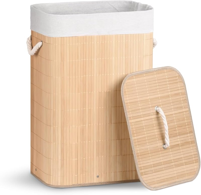 ® Cesto Portabiancheria Rettangolare in Bambù 72L, Cesto Pieghevole per Panni Sporchi con Coperchio, Manici e 2 Borse Rimovibili, per Bagno, Lavanderia e Camera da Letto, Naturale