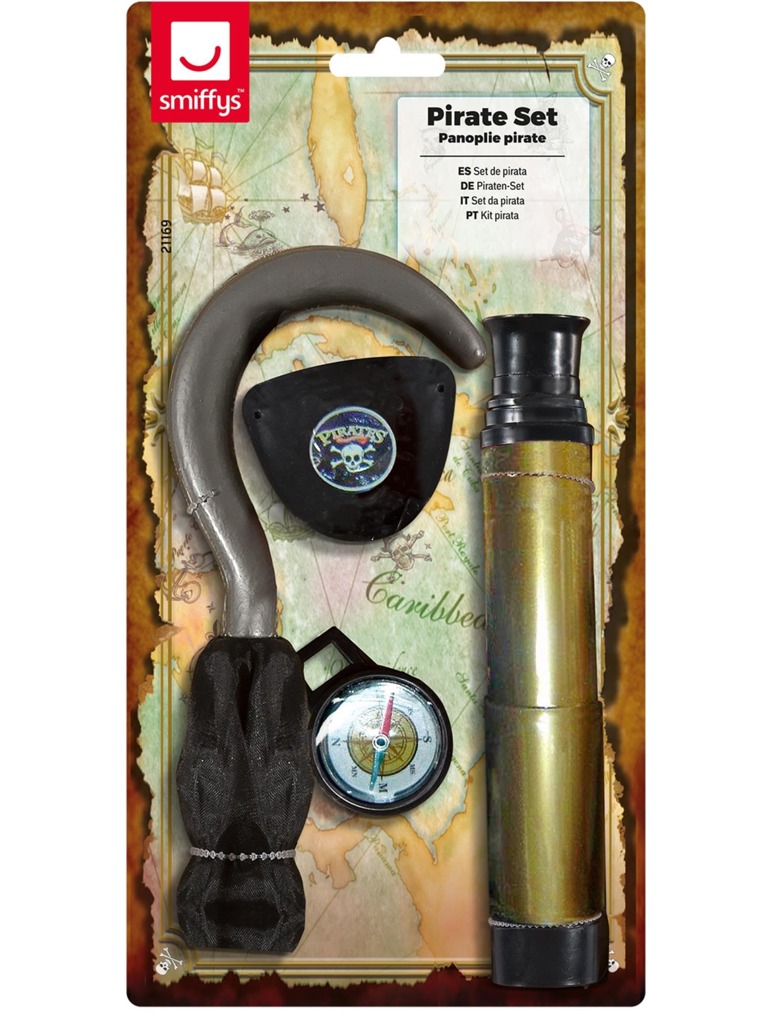 Smiffys Pirate Set with Hook, Brown Telescope, Compass and Eyepatch, Pirate Fancy Dress, Pirate Dress Up Accessories