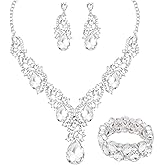 CSY Women's Elegant Bridal Necklace Earrings Stretch Bangle Bracelsts Set for Bride Bridesmaid Wedding Teardrop Crystal Costume Jewelry Sets