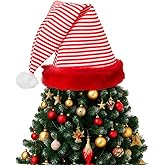 Gejoy 30'' x 16'' Christmas Tree Topper Hat Large Plush Red Black Striped Plaid Santa Hat Christmas Tree Ornaments for Winter Xmas Holidays Party Decorations(Red and White Stripes,Plush)