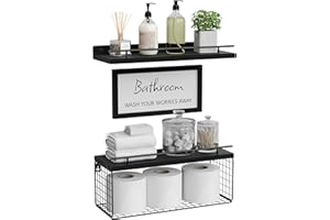 WOPITUES Floating Shelves for Wall Decor Sign, Bathroom Organizers and Storage, Bathroom Shelves Over Toilet with Metal Guardrail-Black