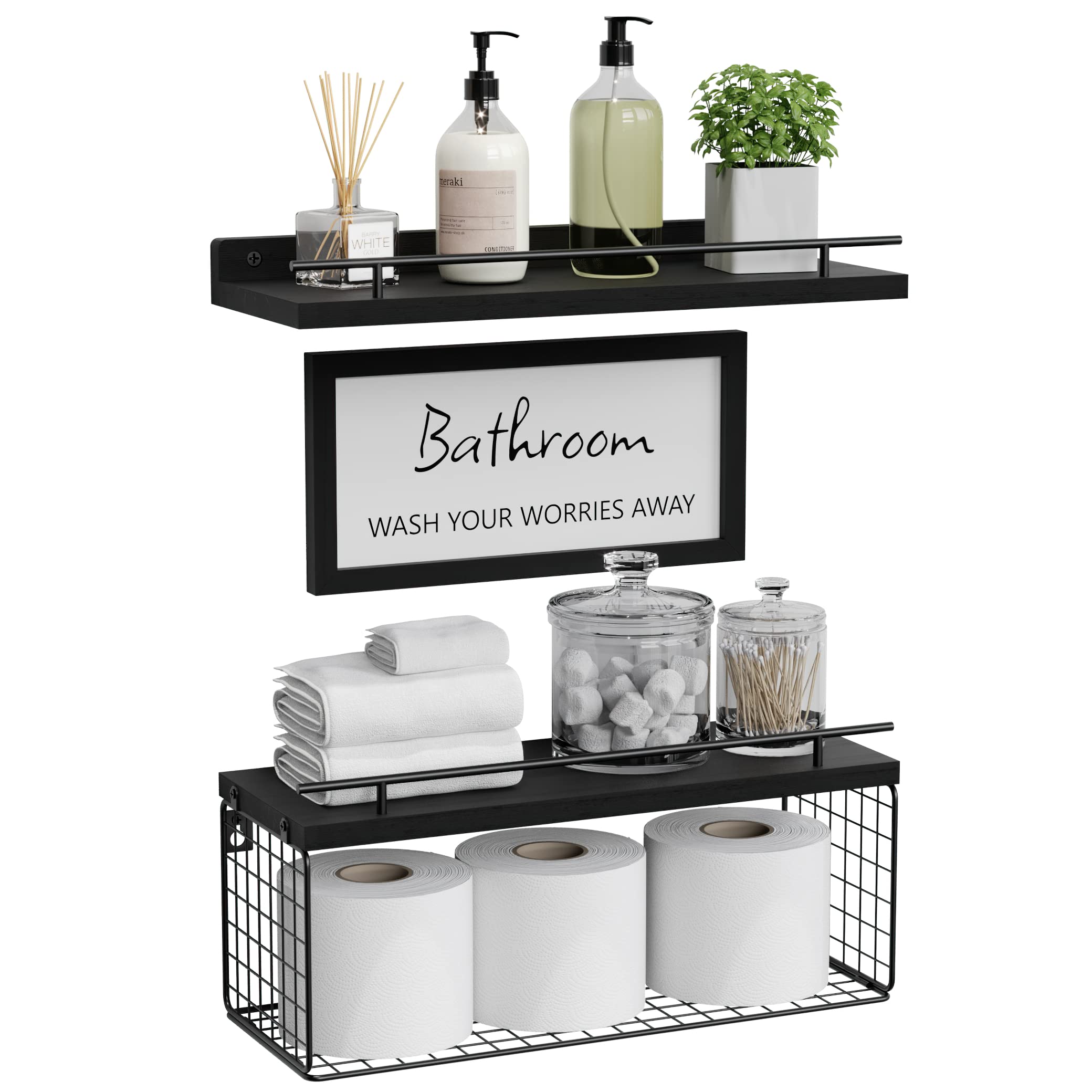 Photo 1 of (USED/FAIR) WOPITUES Floating Shelves for Bathroom Wall Decor Sign, Bathroom Organizers and Storage, Bathroom Shelves Over Toilet with Metal Guardrail-Black