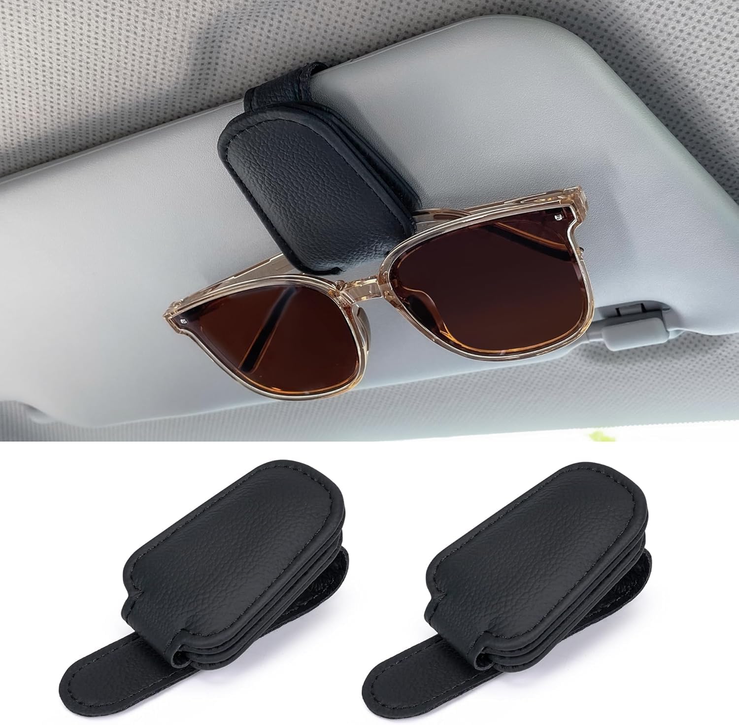 Photo 1 of Shering Sunglasses Holders for Car Sun Visor, 2pack Magnetic Leather Glasses Eyeglass Hanger Clip