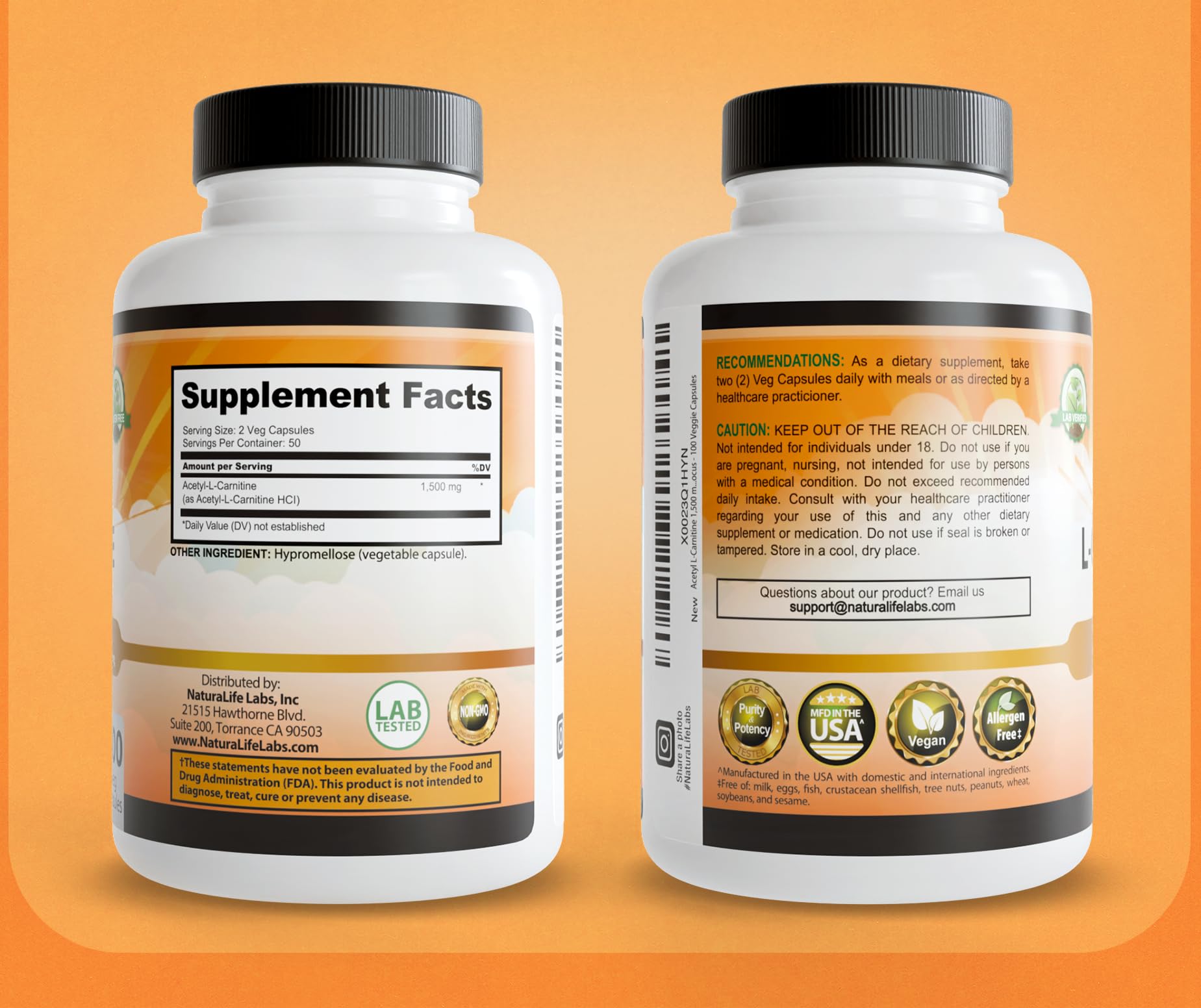 Acetyl L-Carnitine (ALCAR) 1500 mg per Serving – 100 Capsules – Non-GMO, Gluten-Free, Vegan