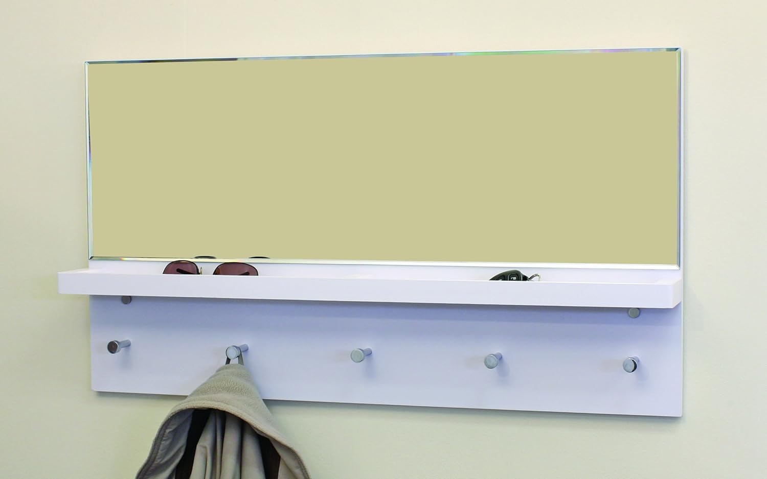 Mirror with storage shelf and 5 hooks white painted solid wood unit