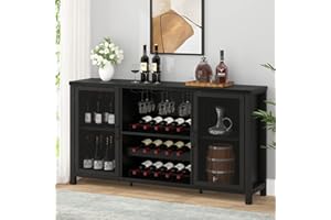 IBF Black Coffee Bar and Liquor Cabinet With Wine Rack Storage, Industrial Kitchen Buffet for Home Living Dining Room, Black Oak, 55 Inch