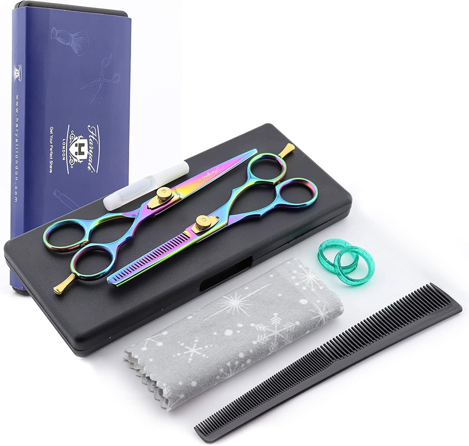 Haryali London Multi Professional 6 Inch Hairdressing Barber Scissors Set Thinning Texturing Hairdresser Hair Cutting Shears with Comb, Oil Bottle and Cloth Comes in Black Box