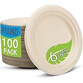Disposable Small Paper Plates 6 Inch (Brown) - 100 Counts Heavy Duty Natural Bagasse Plates, Compostable & Leak-Proof, Microwave Safe for Birthday Party Desserts & Appetizer & Picnic Snacks, BBQ