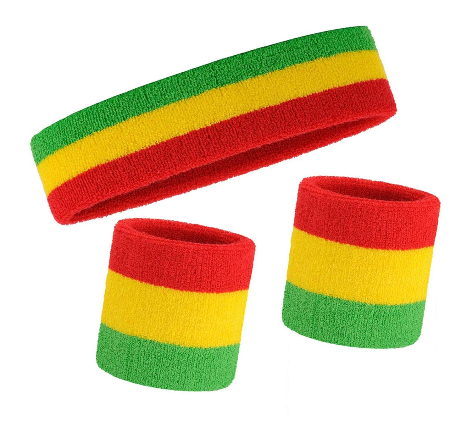 E-lishine Striped Sweatbands Set - (1 Headband and 2 Wristbands) Cotton Sweat Band for Athletic Men and Women (Red,Yellow and Green)