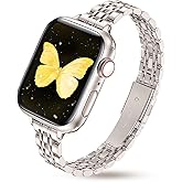 Melyis Slim Metal Band Fits Apple Watch Bands for Women 42mm(Series 11/10) 40mm 41mm 38mm, Dressy Stainless Steel iWatch Bands, Thin Band for Apple Watch Series 11 10 9 SE 8 7 6 5 4 3, Starlight