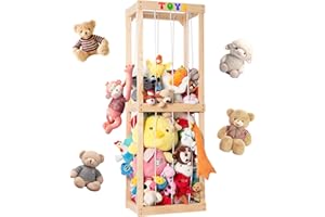Easyego Stuffed Animal Storage, Wood Zoo Animals Storage Toy Holder, 60" Floor Stuffed Animal Organizer with Bold Elastic Rope, Ideal Zoo Cage for Nursery, Play Room, Bedroom