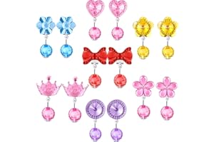 Hicarer 7 Pairs Clip on Earrings for Girls Crystal Princess Dress up Play Earrings with Pink Clear Box and Soft Rubber Pads for Little Girl Kids Toddlers Birthday Christmas Party Supplies