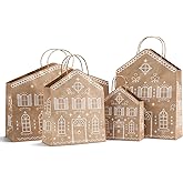 Epakh 24 Pcs Christmas Gingerbread House Gift Bags Kraft Paper Treat Candy Goodies Bags with Handles, 4 Assorted Sizes, Gingerbread House Housewarming Gifts for Winter Xmas Holiday Party Supplies