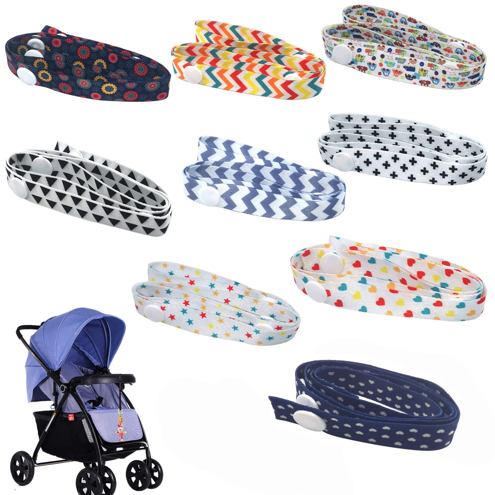 SwirlColor Toy Straps Anti Drop Stroller Attachment Holder Adjustable Assorted Patterns Toy Straps for Pushchair Pram 9pcs (60cm/24 inch)