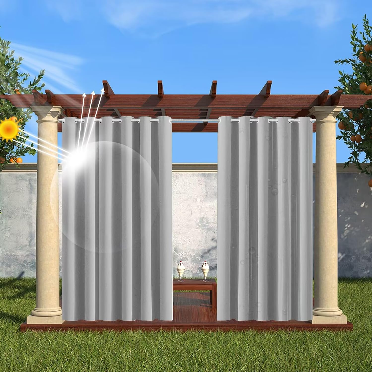 Outdoor Curtains - Soulitem Outdoor Curtains Waterproof for Patio, Blackout Curtains with Grommet 1 Panel for Outdoor & Indoor, for Pavilion Pergola Porch, Light Gray, 100x95in(254x241cm)