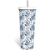 WWHSAI Blue Floral Boho Tumbler 24oz With Lid, Blue White Flowers Gifts, Flower Coffee Cup Gifts for Women Girls, Abstract Retro Mid Century Flower Gift for Her on Christmas Birthday Mothers Day