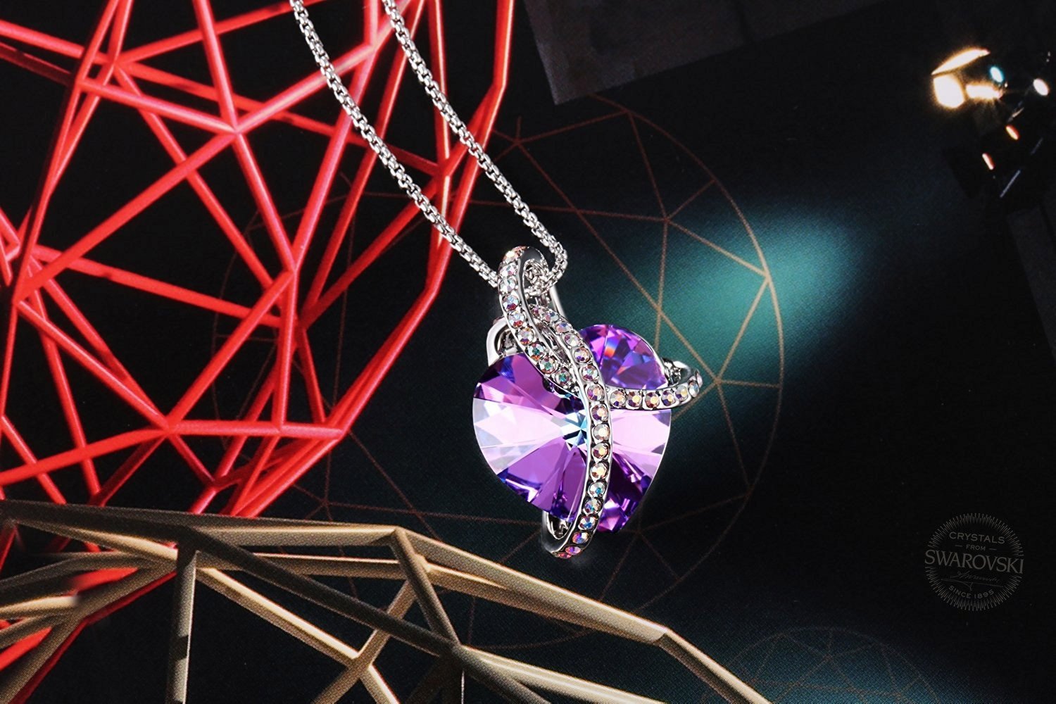 Swarovski Element Necklace Color Changing Crystal Courageous Love Heart Pendant Necklace for Women, Birthday Birthstone Jewelry Gifts for Girl, Amethyst Purple Pink, 18\