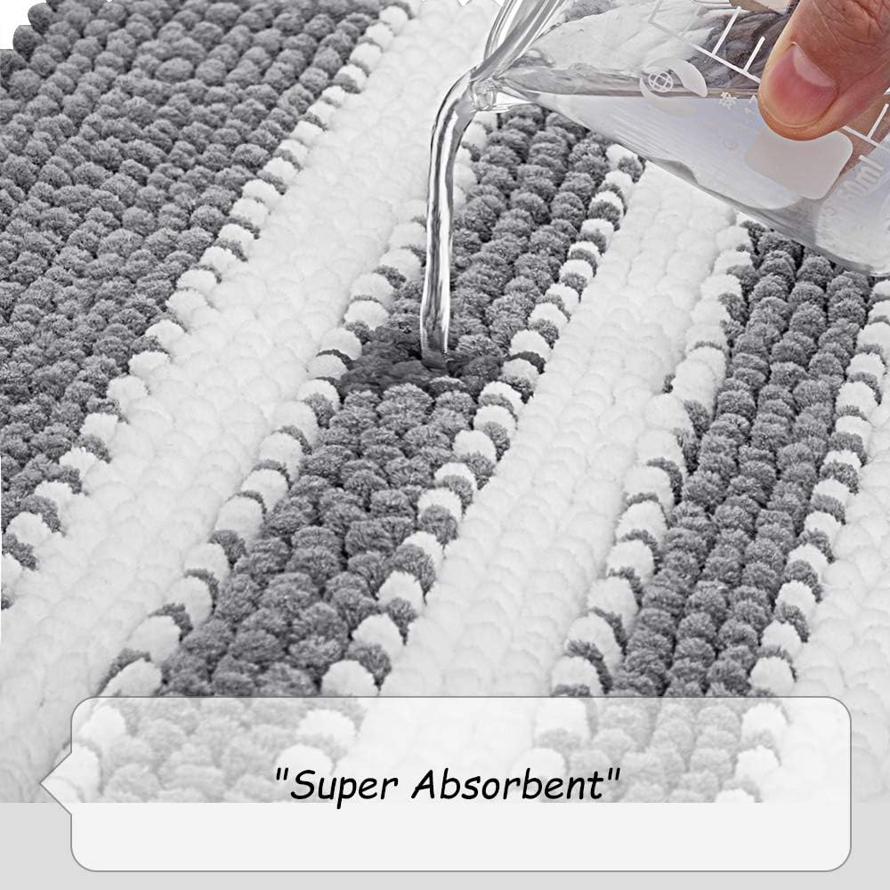 Bsicpro Chenille Bath Rug for Bathroom Shaggy Mat Shower Mats 32 x 21inch Super Non Slip Water Absorbent Carpet Stripe Pattern Plush Rugs for Tub, Shower, Bath Room (Grey): Kitchen & Dining