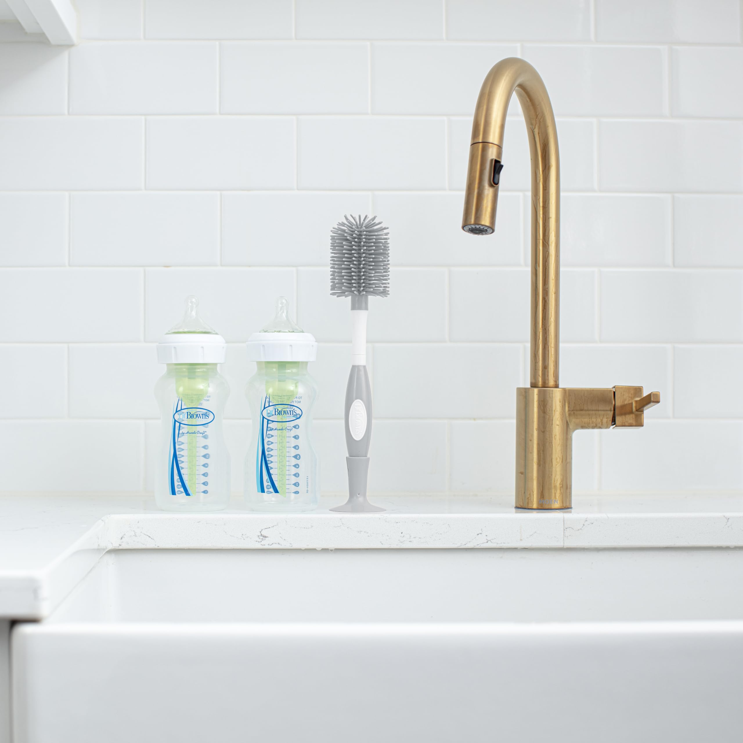 Dr. Brown's Soft Touch No Scratch Baby Bottle Cleaning Brush, Nipple Cleaner & Suction Cup Base for Easy Storage, BPA Free, Gray