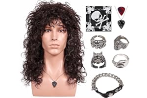 FantaLook 70 80s Long Curly Dark Brown Cosplay Wig with Necklace Ring Headband and Mater Bracelet for Halloween