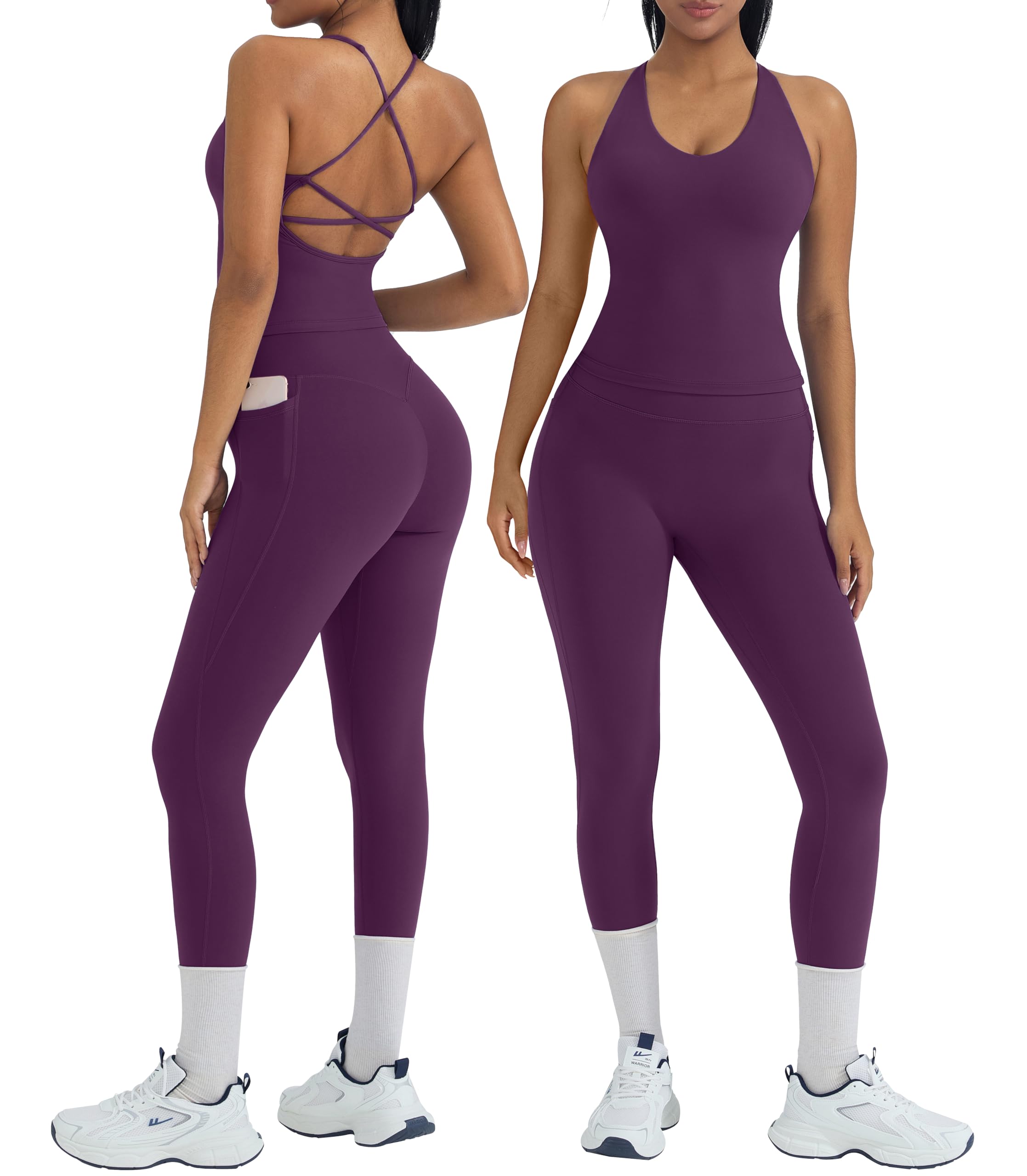 Photo 1 of OMKAGI 2 Piece Workout Sets for Women Padded Workout Tops Booty Leggings with Pockets Gym Sets (L,445-Violet Purple)