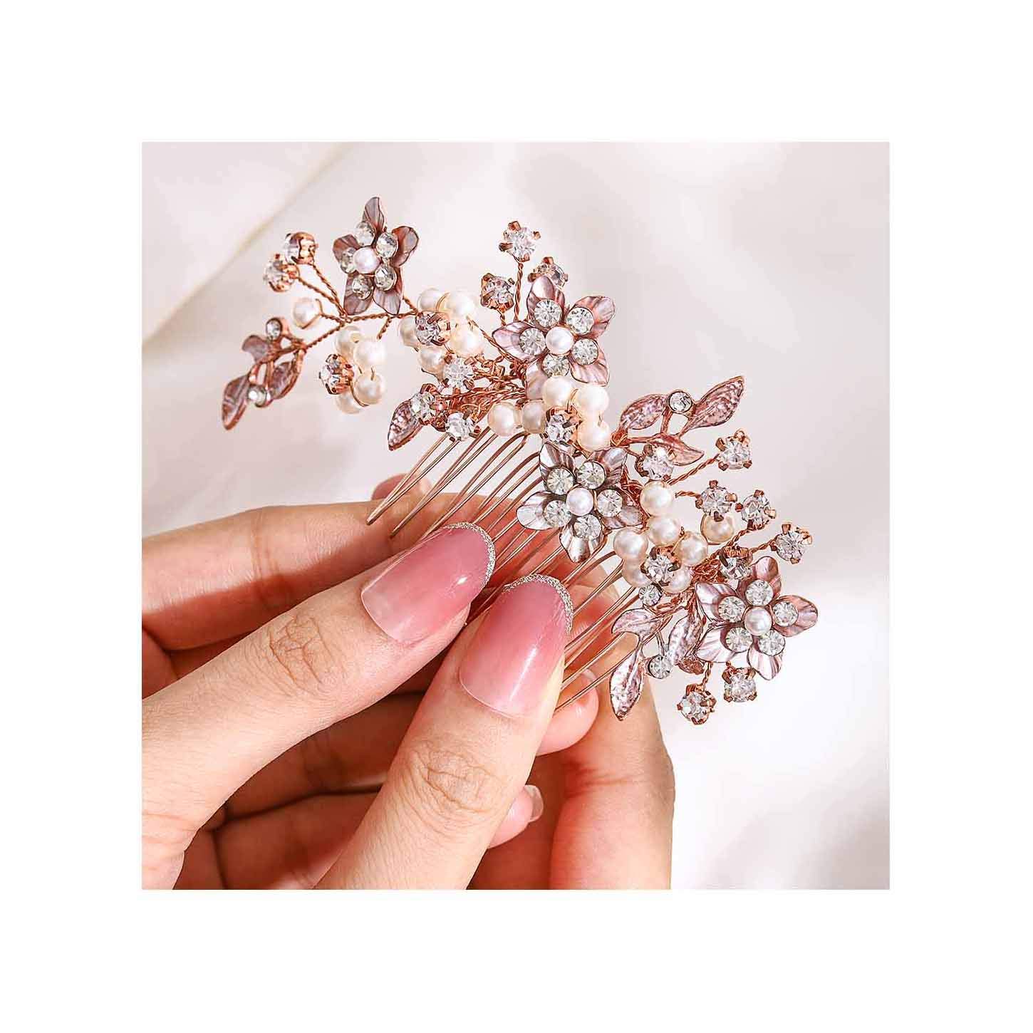 Fstrend Bridal Wedding Hair Comb Gold Rhinestone Flower Bride Hair Side Combs Clips Pearl Leaf Hair Accessories for Women and Girls (rose gold) : Beauty