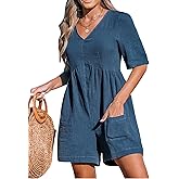 CUPSHE Women's Jumpsuits V-Neck Wide Leg Romper Short Sleeves Overall with Front Pockets Outfit Casual Beach