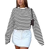 Orchidays Women’s Striped Loose Fit Long Sleeve Sweatshirts Crewneck Color Block Drawstring Pullover Tops
