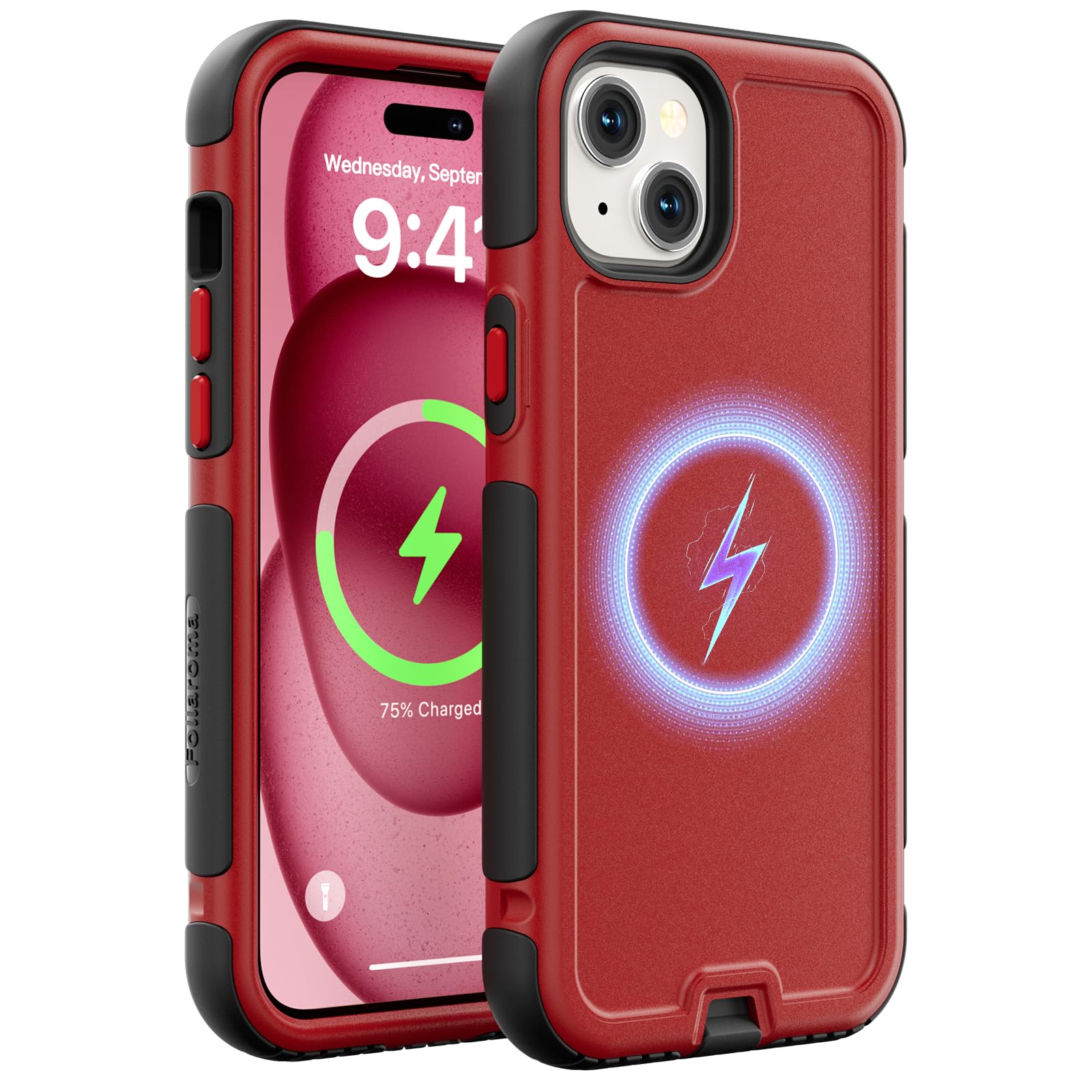 Follaroma for iPhone 15 Case, Compatible with MagSafe, Heavy Duty Shockproof Protective Phone Case, Anti-Drop Protection, Dual Layer Magnetic Phone Cover for iPhone 15, 6.1", Red