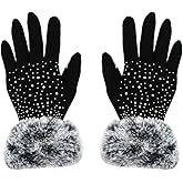 JUMISEE Women Luxurious Rhinestones Winter Gloves Warm Fleece Lined Touchscreen Mittens with Faux Fur Cuffs
