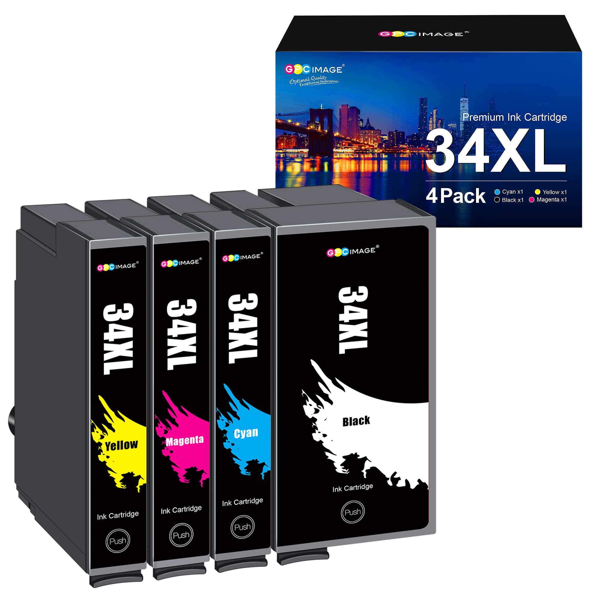 GPC Image Compatible Ink Cartridges Multipack Replacement for Epson 34 34XL T3471 T3472 T3473 T3474 for WorkForce Pro WF-3720DWF WF-3725DWF (Black Cyan Magenta Yellow, 4-Pack)