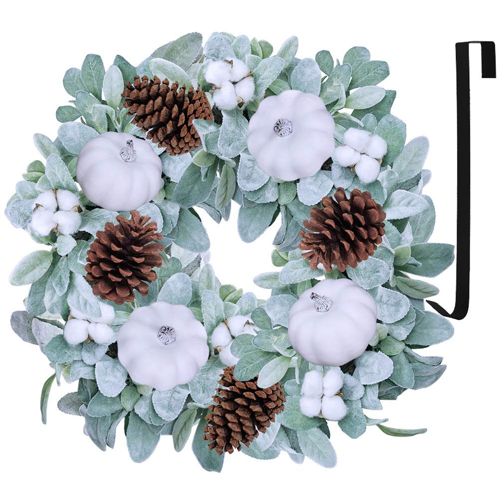 Artificial Lamb’s Ear Wreath with White Pumpkins Pinecones Cotton Bolls Fall Front Door Wreath