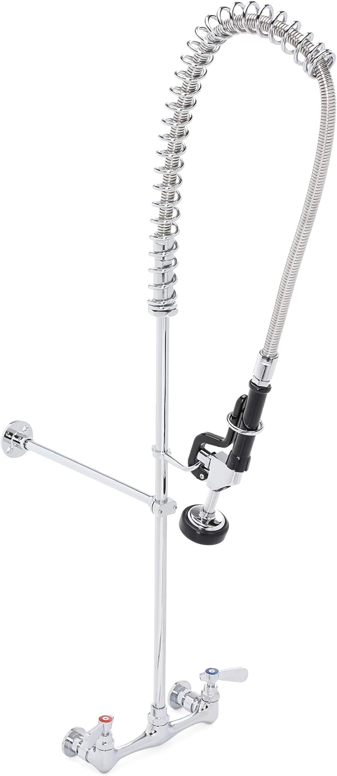 DuraSteel Commercial Kitchen Wall Mount Pre-Rinse Faucet, 38" Height 8" Center with Coiled Spring Pull Down Sprayer, Brass Constructed Polished Chrome Body, 1 Set