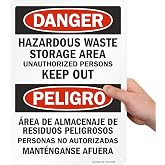 SmartSign 14 x 10 inch &ldquo;Danger - Hazardous Waste Storage Area, Unauthorized Persons Keep Out&rdquo; Bilingual OSHA Sign, Digital Printing, 55 mil HDPE Plastic, Red, Black and White
