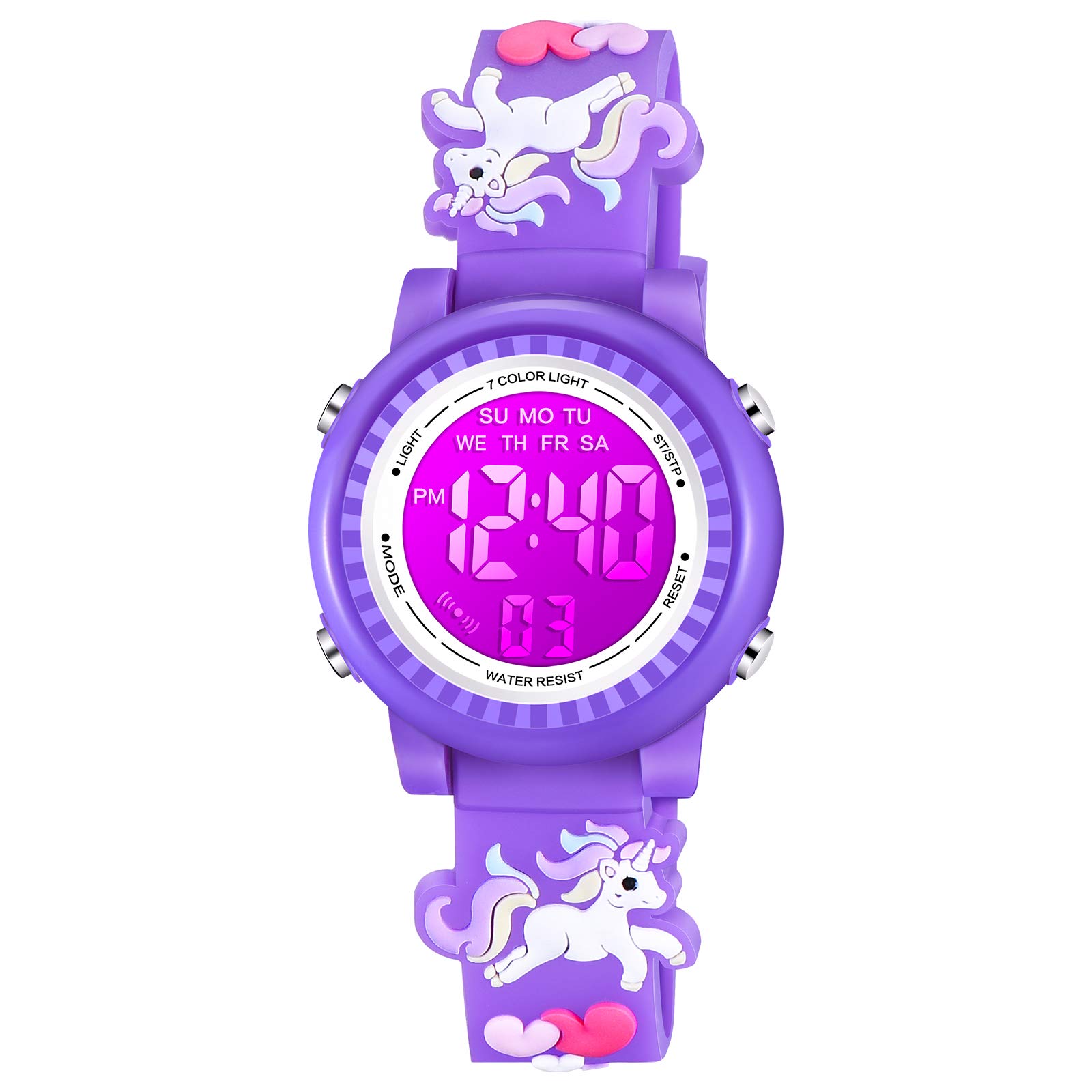 Venhoo Kids Watches 3D Cartoon Waterproof 7 Color Lights Toddler Digital Wrist Watch with Alarm Stopwatch for 3-10 Year Girls Little Child-Purple