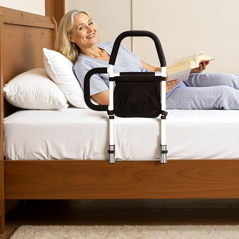 Aufstehhilfe Bett 610x400x645 mm, Bettgitter mit seitlichem Griff & PU-Handlauf, Einstiegshilfe aus Karbonstahlrohr, für Senioren, passend für Kingsize-, Queensize-, Full- und Twin-Betten
