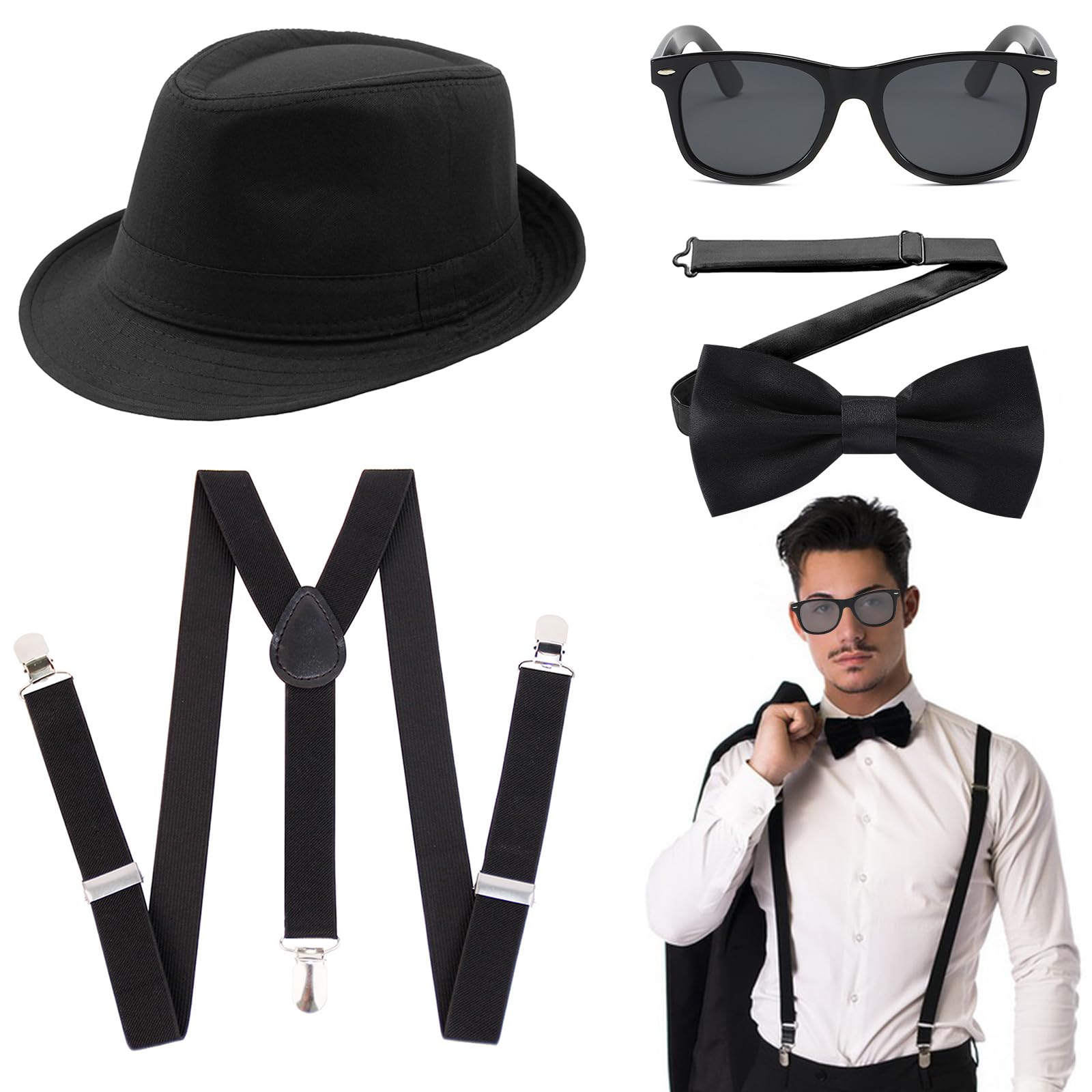 Acehome 1920s Mens Costume Accessories Set for Adult, Roaring Retro 20s Gatsby Gangster Costume Outfit with Hat Bow Tie Suspenders Glasses for Retro Party Supplies