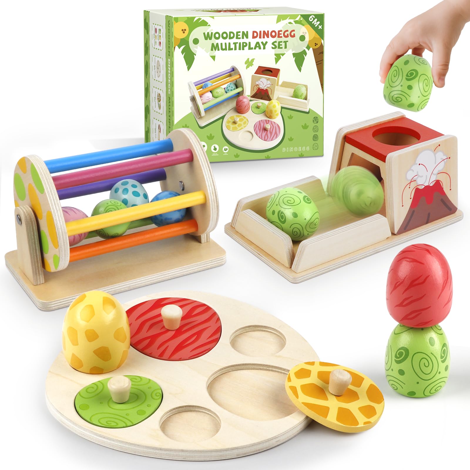 Photo 1 of Montessori Wooden Baby Toy Dinosaur Egg Toy Set for 6+ Months, Spinning Drum, Object Permanence Box Ball Drop Toy, Stacking Matching Shape Puzzle Game Early Learning Gift for Toddlers (Neutral Colors)