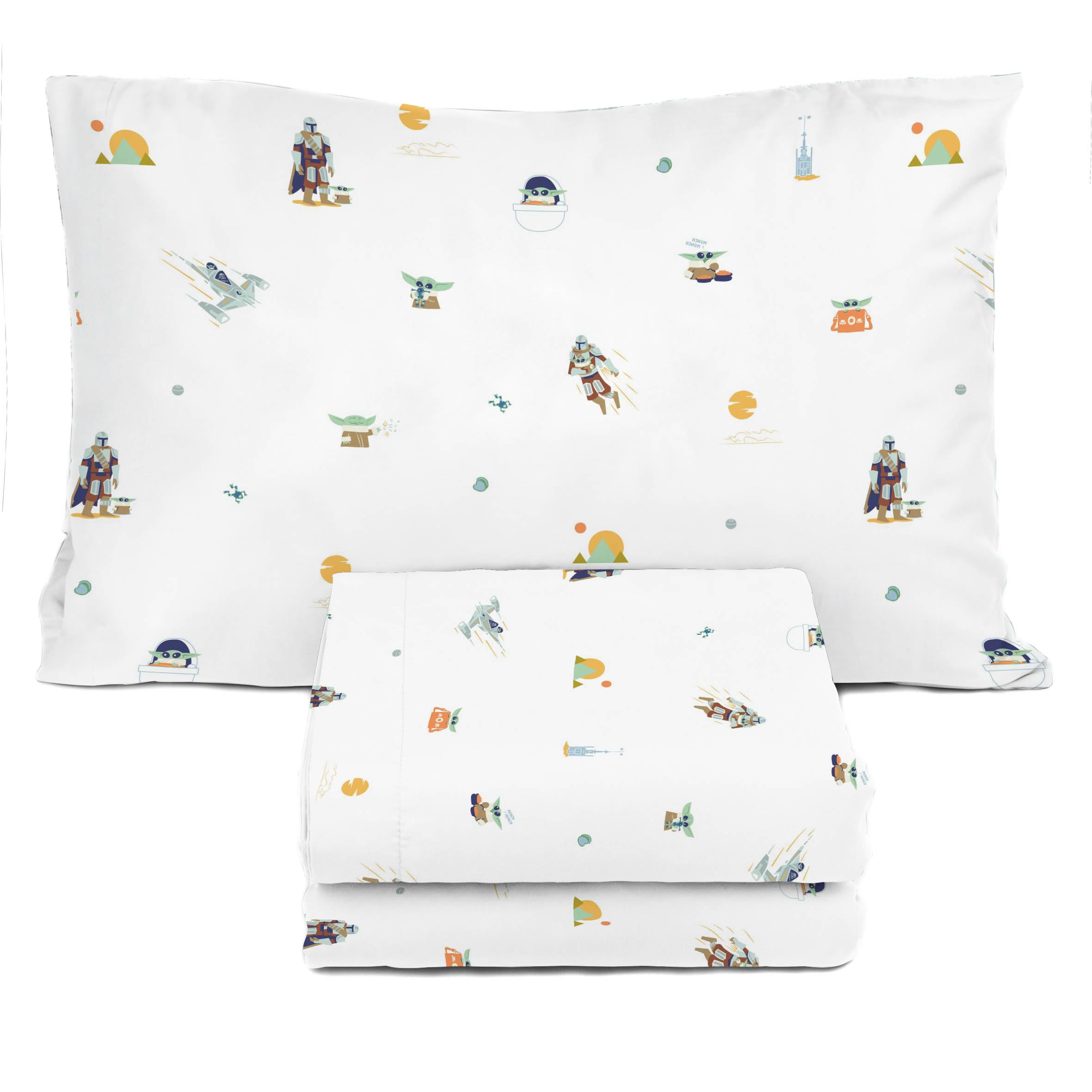 Sunny Side Up Kids Sheet Set with Fitted, Flat Sheets & Pillow Cover - Ultra-Soft Bedding with Pillowcase for Room Decor, White - The Mandalorian, 3 Piece Twin Image