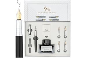 Wordsworth & Black Fountain Pen Gift Set, Includes Ink Bottle, 6 Ink Cartridges & A Refill Converter, 4 Replacement Nibs, Premium Package, Journaling, Calligraphy, Smooth Writing Pens [Black Chrome]