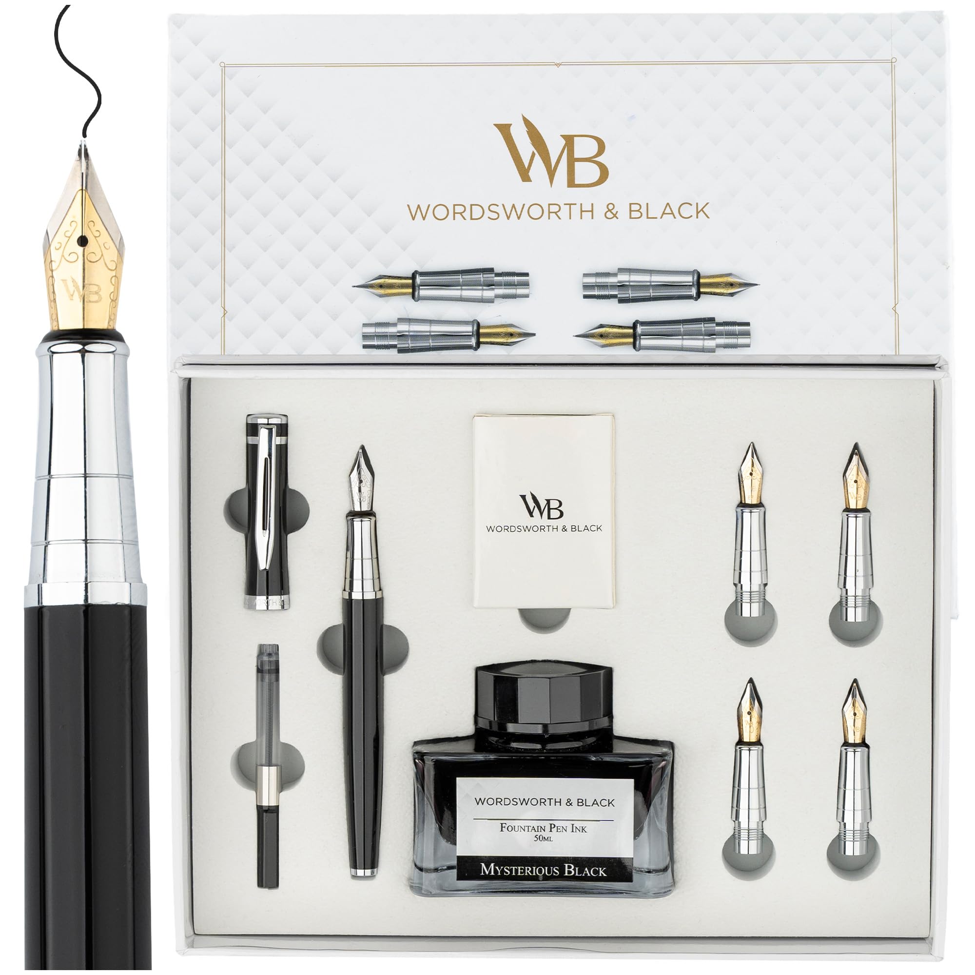 Wordsworth & Black Fountain Pen Gift Set, Includes Ink Bottle, 6 Cartridges & Refill Converter, 4 Nibs, Premium Package for Journaling and Calligraphy, Smooth Writing Pens [Black Chrome]