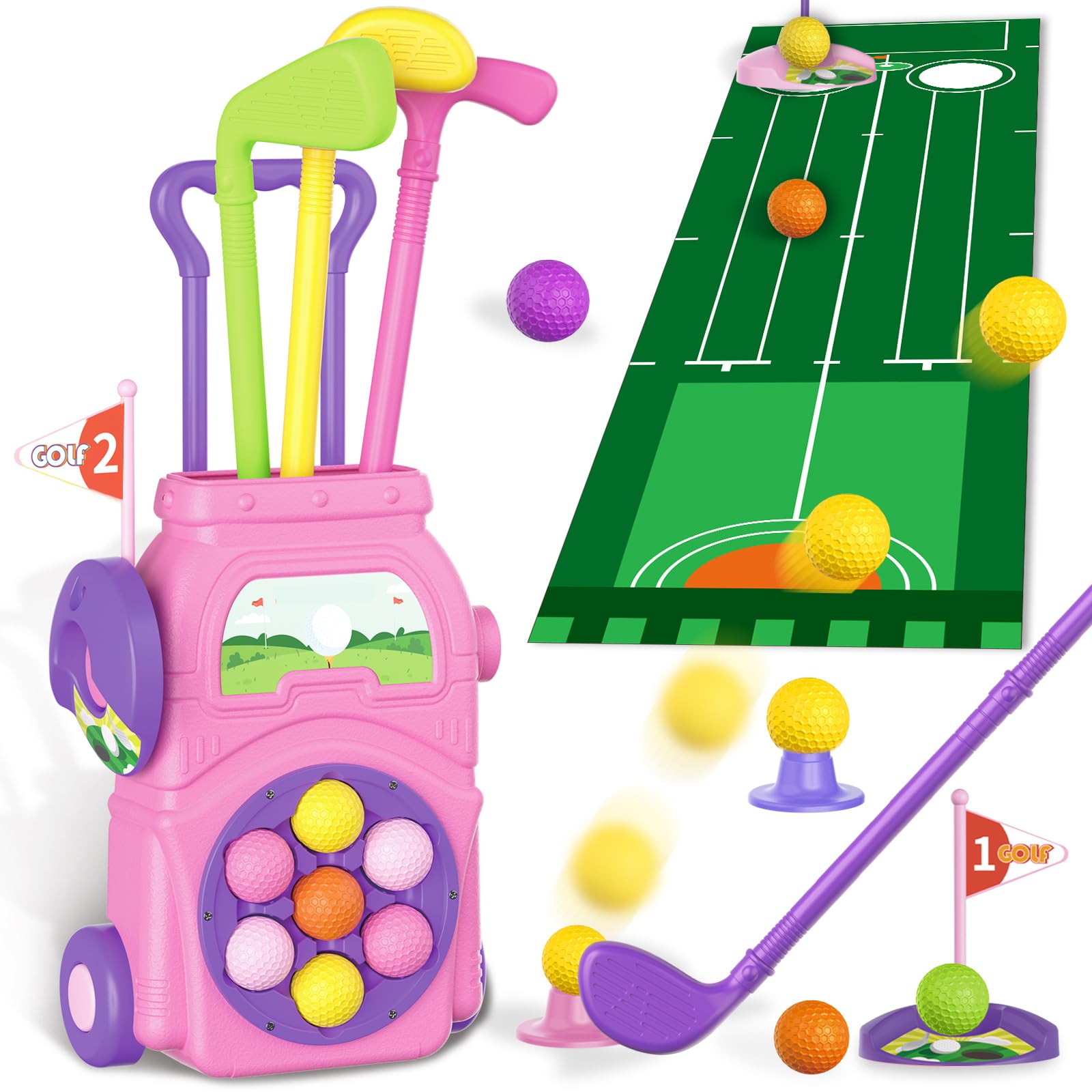 JONEG Toys for 3-8 Year Old Kids: Golf Set Toy for Toddlers, Gifts for 3 4 5 6 7 8 9 10 Year Old Boys Girls, Outdoor Indoor Sport Toy with 7 Balls, 4 Golf Clubs, 2 Practice Holes for Summer (Pink)