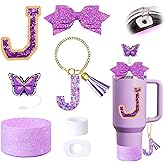 7Pcs Purple Stanley Cup Accessories Set for Stanley Cup 30&40 Oz Tumbler - Silicone Straw Cover Cap and Boot, Letter Charm for Handle, Spill Proof Stopper, Bow straw Decoration, Initial Sticker(J)