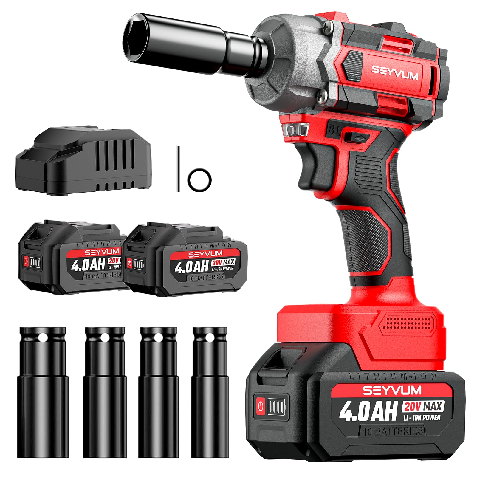 Photo 1 of SEYVUM Cordless Impact Wrench, 1/2” Max Torque 440 Ft-lbs / 600 N.m Power Impact Gun, 20V 3000RPM Electric Impact Driver, 2 x 4.0Ah Battery, 4 Impact Sockets, Carry Bag Included