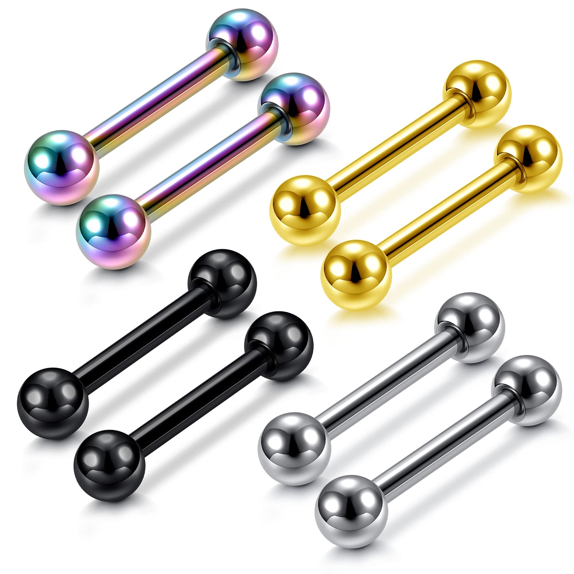 4 Pairs Stainless Steel Barbell 4mm Ball Screw Silver Gold Black Rainbow Color Gauge 14G (1.6mm) Thick Labaret Medusa Monroe Lip Nose Nipple Eyebrow Straight Body Piercing 12mm Long