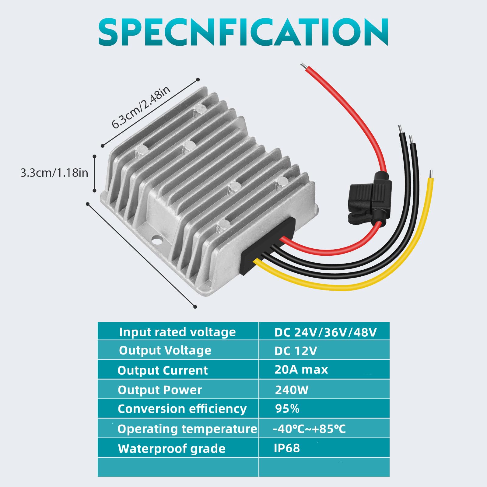 KInuoxj 20A 240W DC-DC 24V 36V 48V Step Down to 12V Converter Golf Cart Voltage Reducer Regulator Waterproof Transformer with Fuse